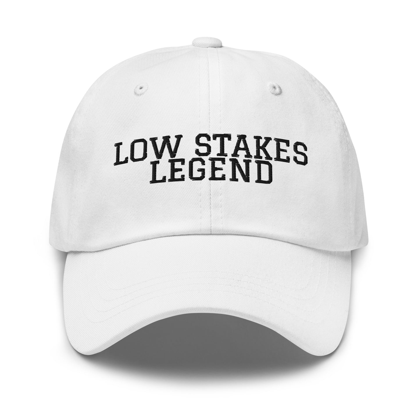 Low Stakes Legend embroidered baseball cap in White with black embroidery by White Boy Summer