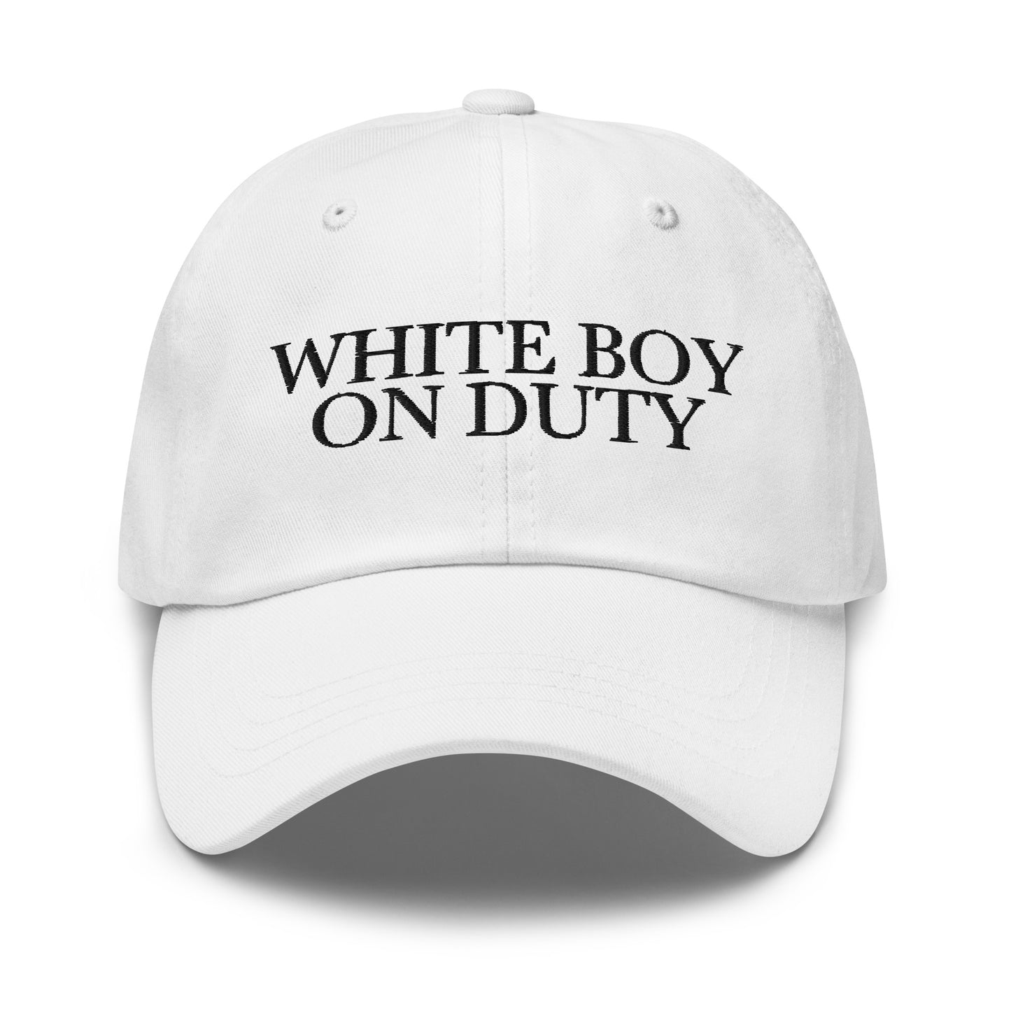 White Boy On Duty embroidered baseball cap in White with black embroidery by White Boy Summer