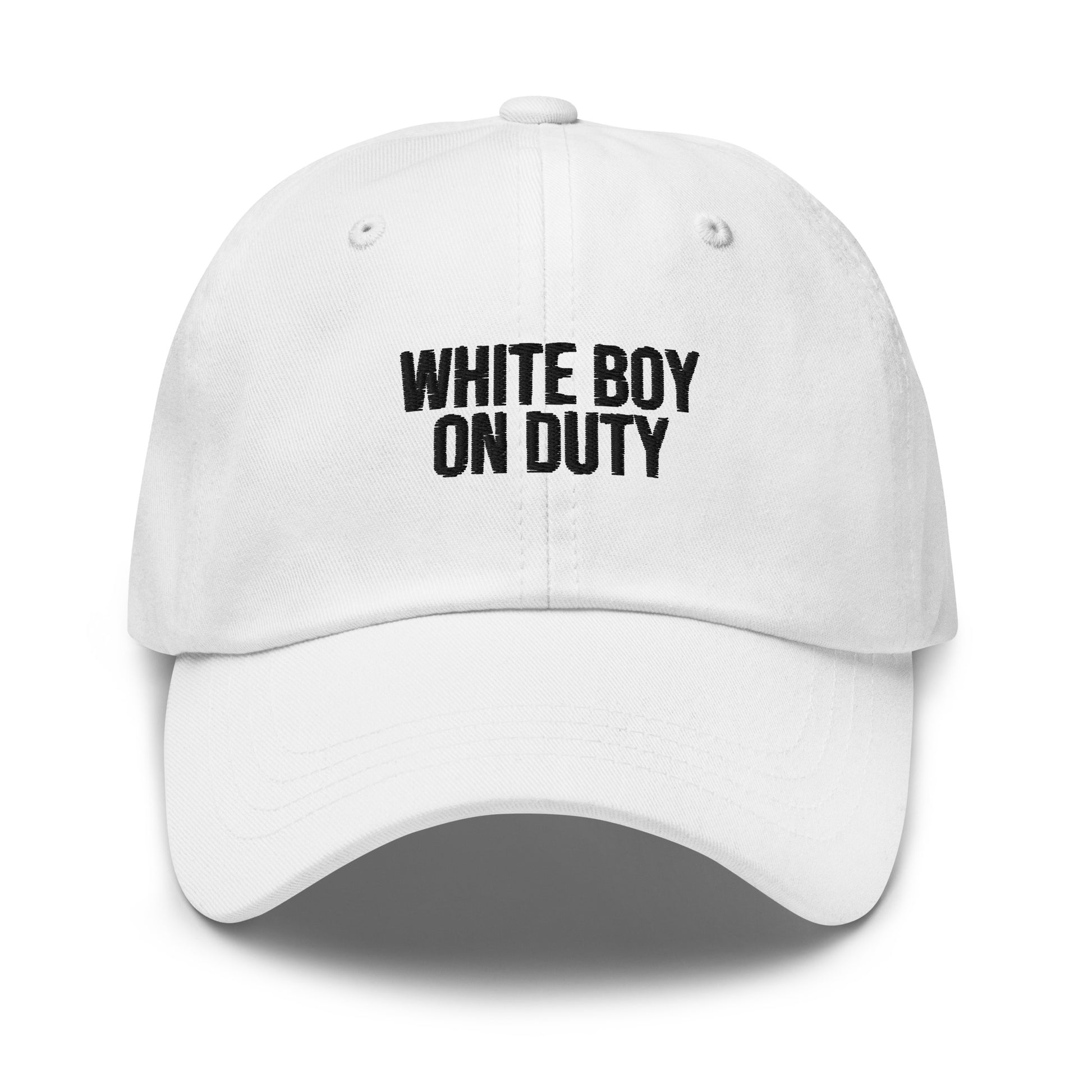 White Boy On Duty embroidered baseball cap in White with black embroidery by White Boy Summer