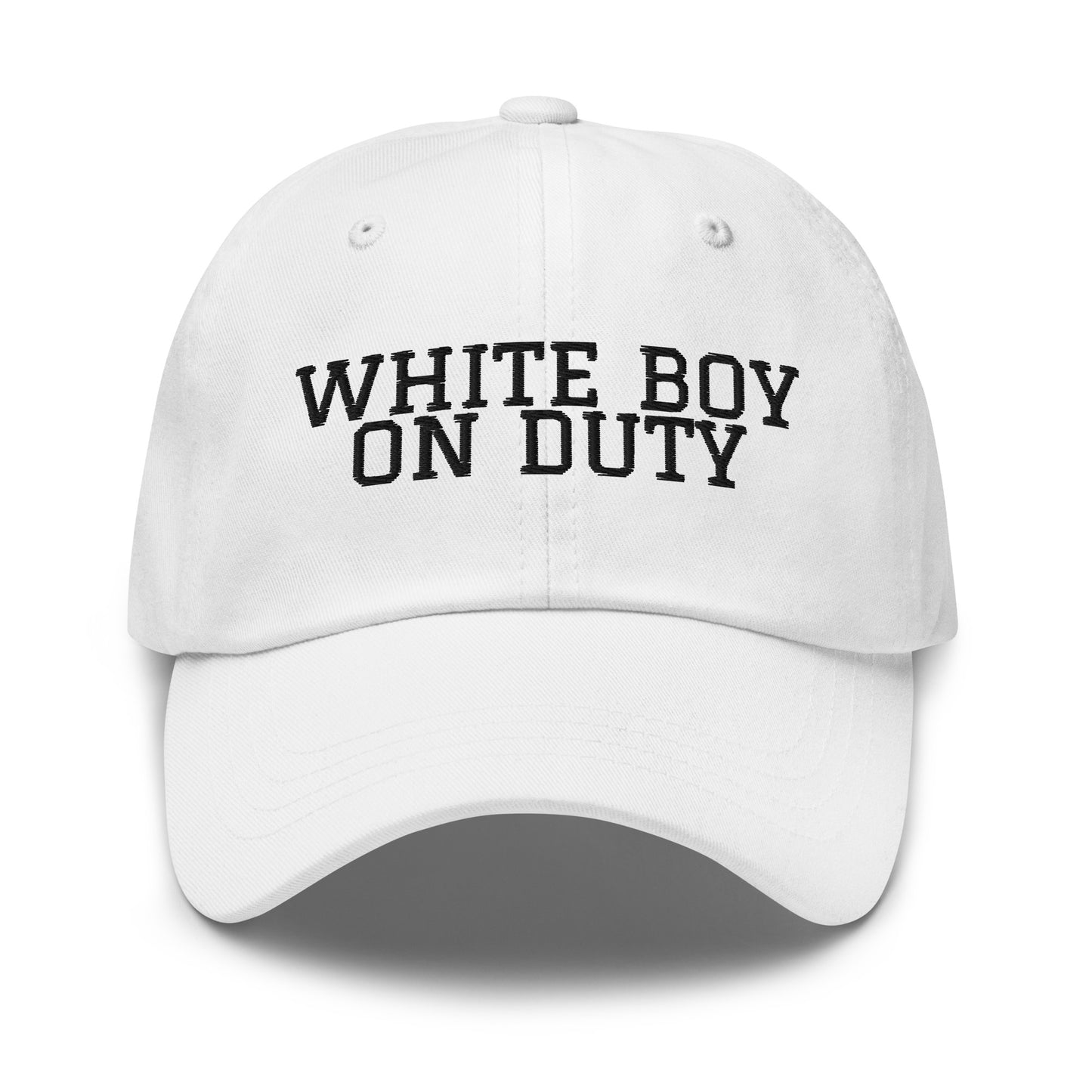 White Boy On Duty embroidered baseball cap in White with black embroidery by White Boy Summer