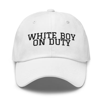 White Boy On Duty embroidered baseball cap in White with black embroidery by White Boy Summer