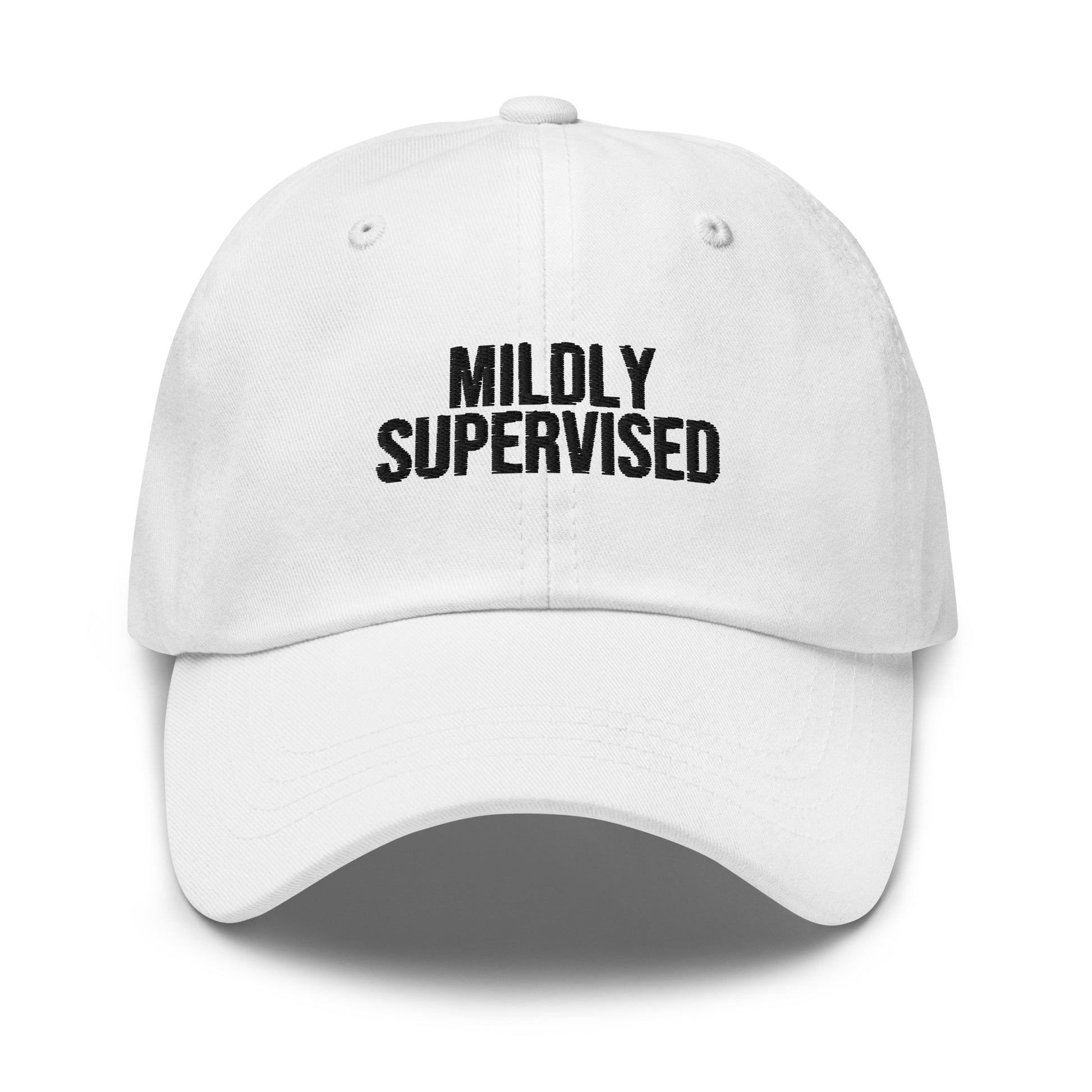 Mildly Supervised embroidered baseball cap in White with black embroidery by White Boy Summer
