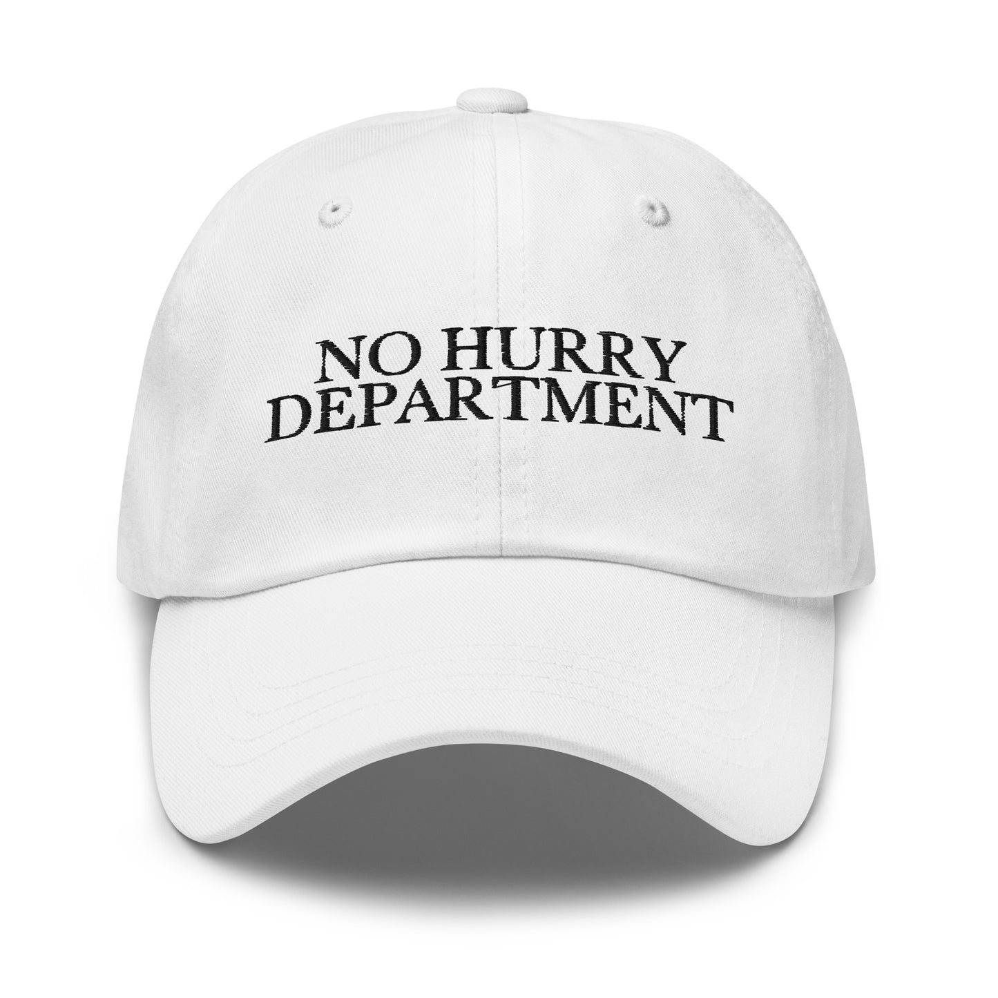 No Hurry Department embroidered baseball cap in White with black embroidery by White Boy Summer