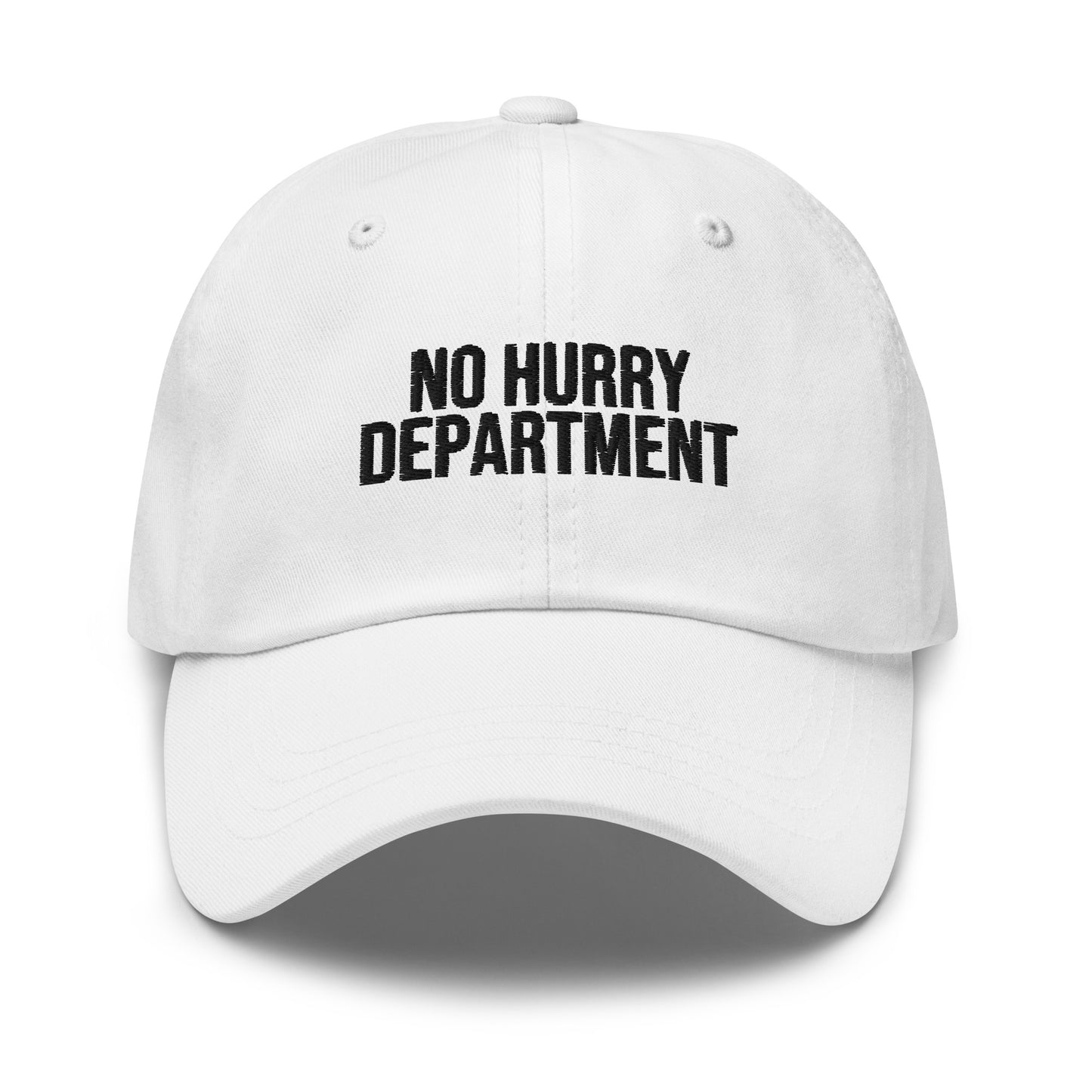 No Hurry Department embroidered baseball cap in White with black embroidery by White Boy Summer
