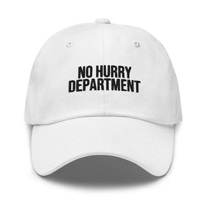 No Hurry Department embroidered baseball cap in White with black embroidery by White Boy Summer