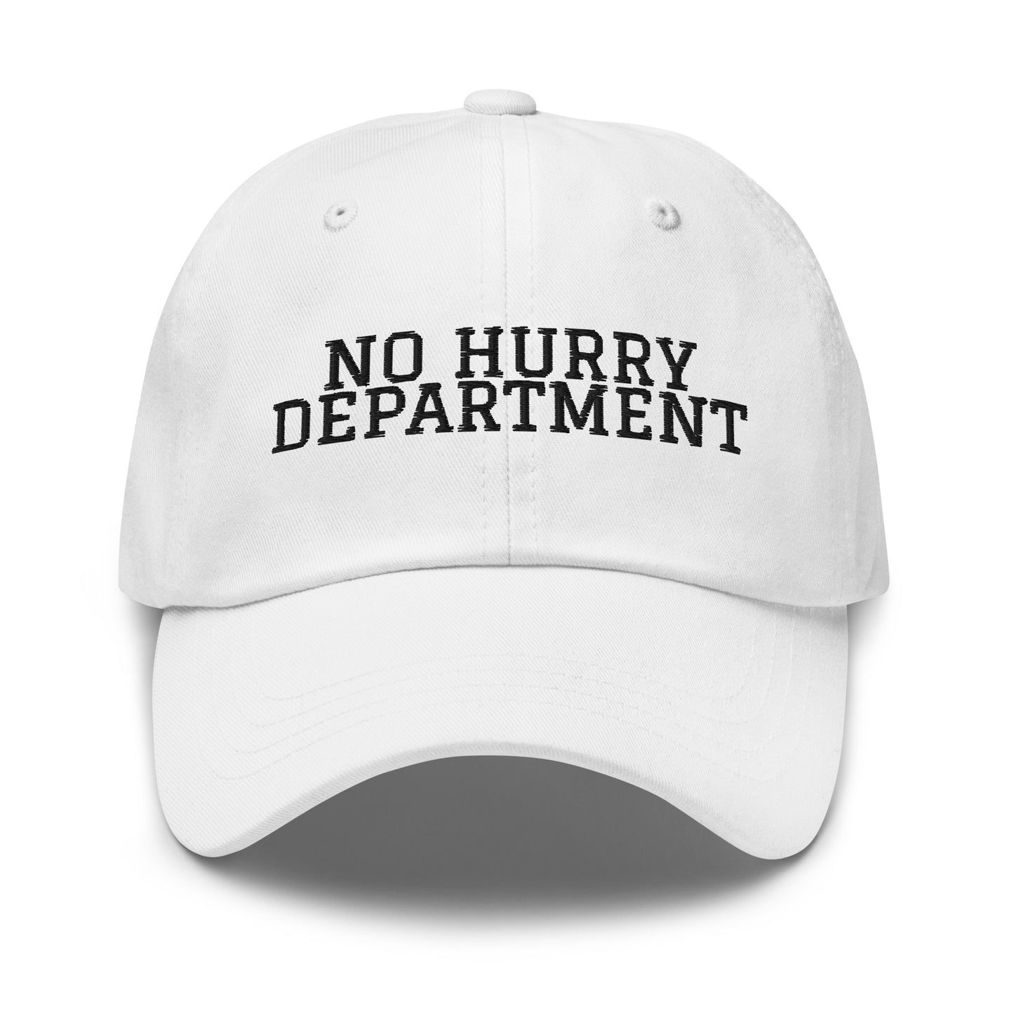 No Hurry Department embroidered baseball cap in White with black embroidery by White Boy Summer