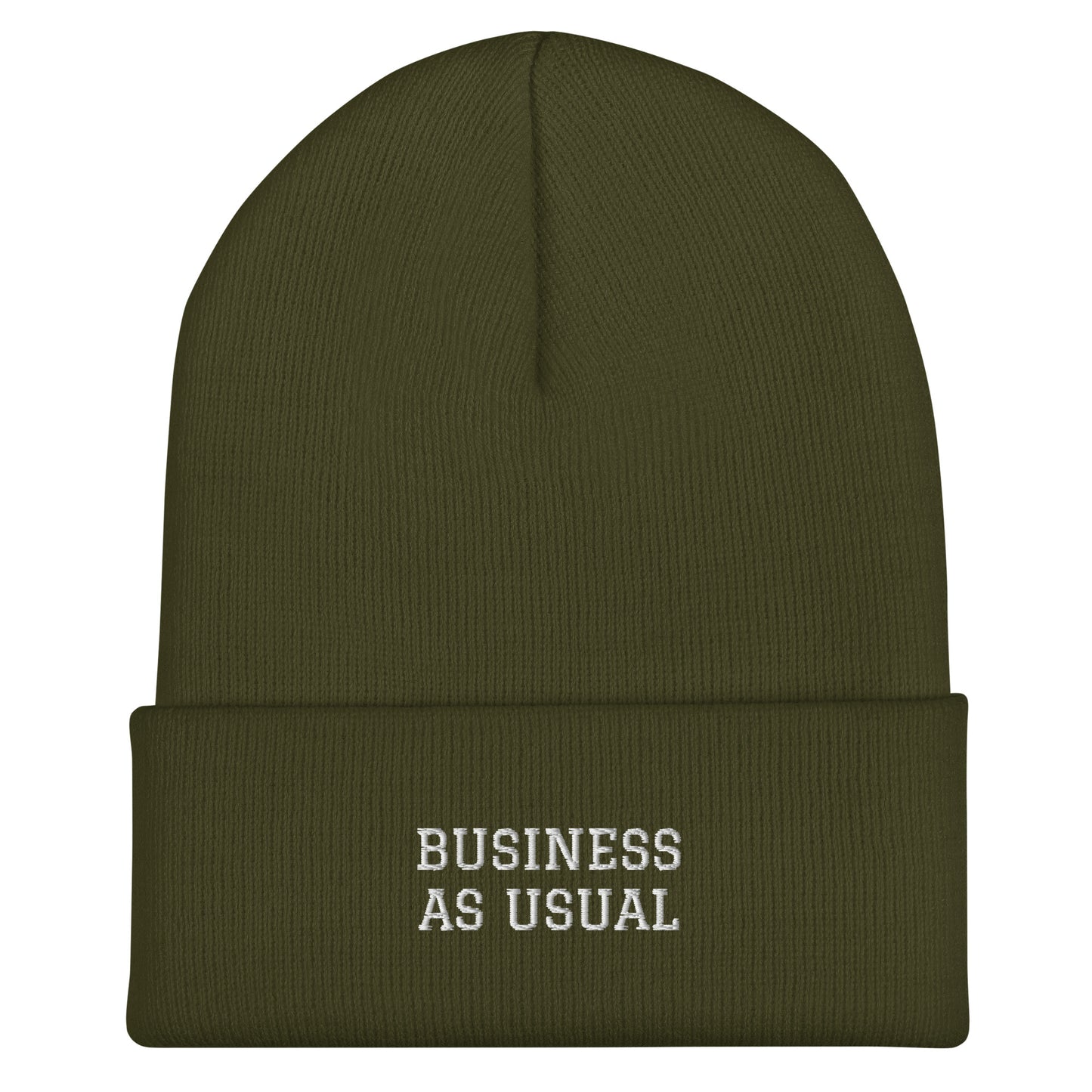 "Business As Usual" - White Embroidered Cuffed Beanie