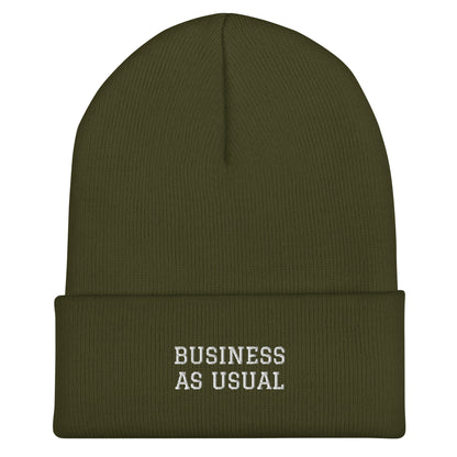 "Business As Usual" - White Embroidered Cuffed Beanie