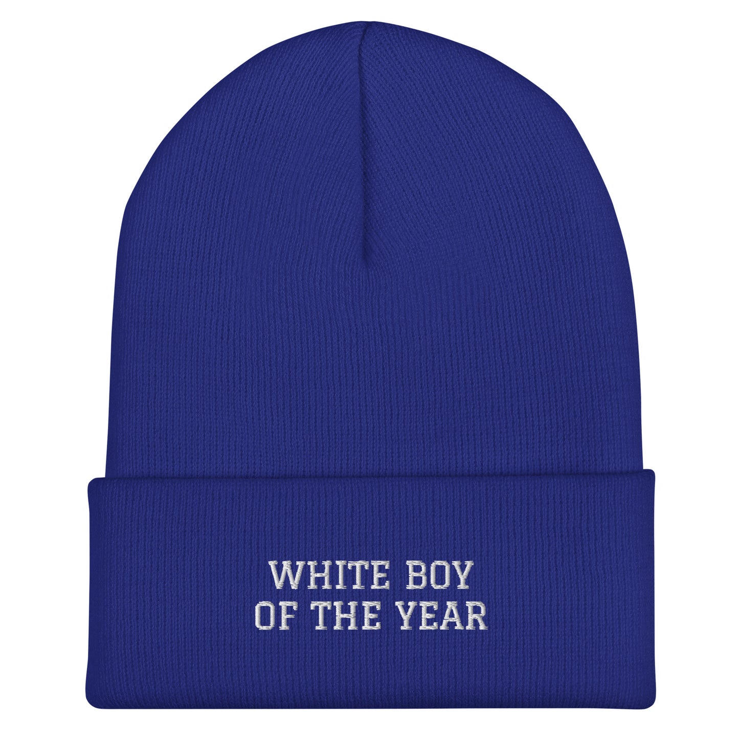 "White Boy Of The Year" - White Embroidered Cuffed Beanie